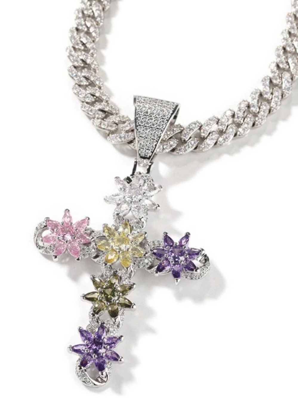 Sterling Silver Multi-Color Floral Cross Pendant Necklace 16inch - Women Jewelry